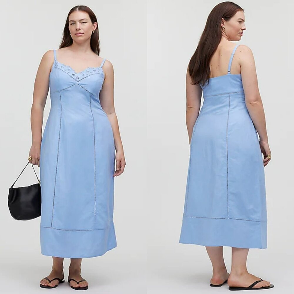 NWT Madewell Sweetheart Embroidered Neckline Midi Dress Powder Blue Size 8